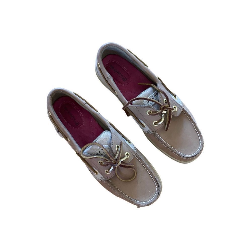Sperry womens Beige 2 Eyelet Leeward Leather Lace Up Moc Toe Boat Shoes Size 8.5
